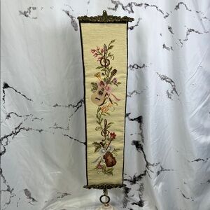 Vintage Petit Point Bell Pull Needle Point Velvet Backed Musical & Floral Design